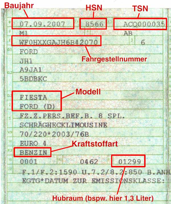 Musterdarstellung eines Fahrzeugscheins